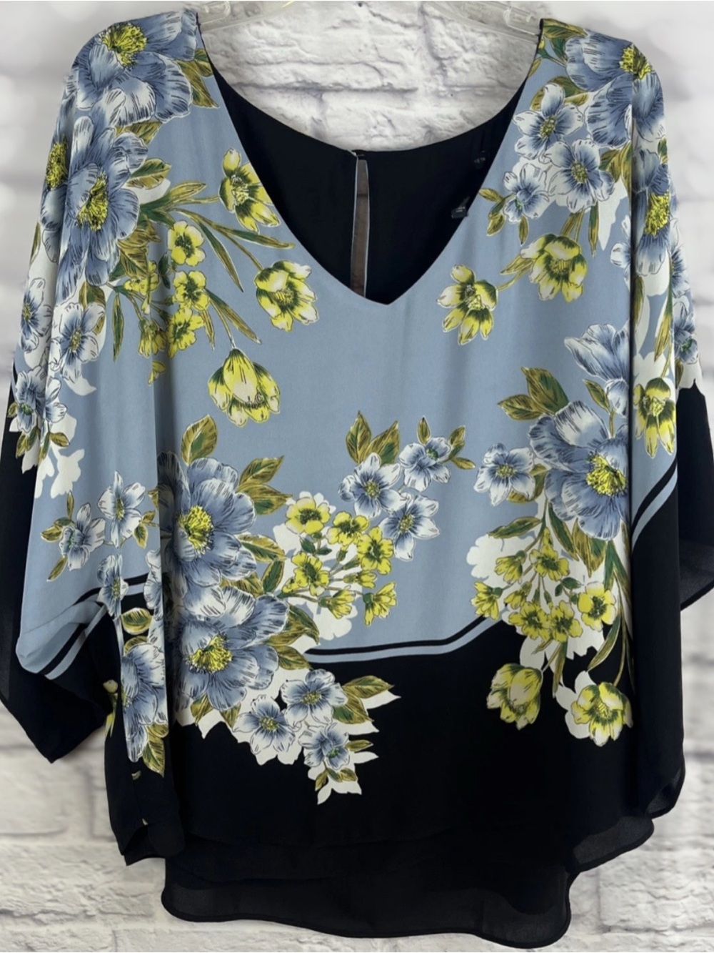 White House Black Market Blue and Yellow Floral V-Neck Blouse